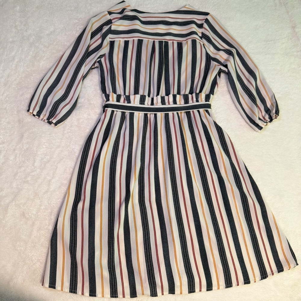 Monteau Los Angeles Striped Wrap Dress Navy Orange Cream V-Neck Pockets Large - Picture 15 of 16